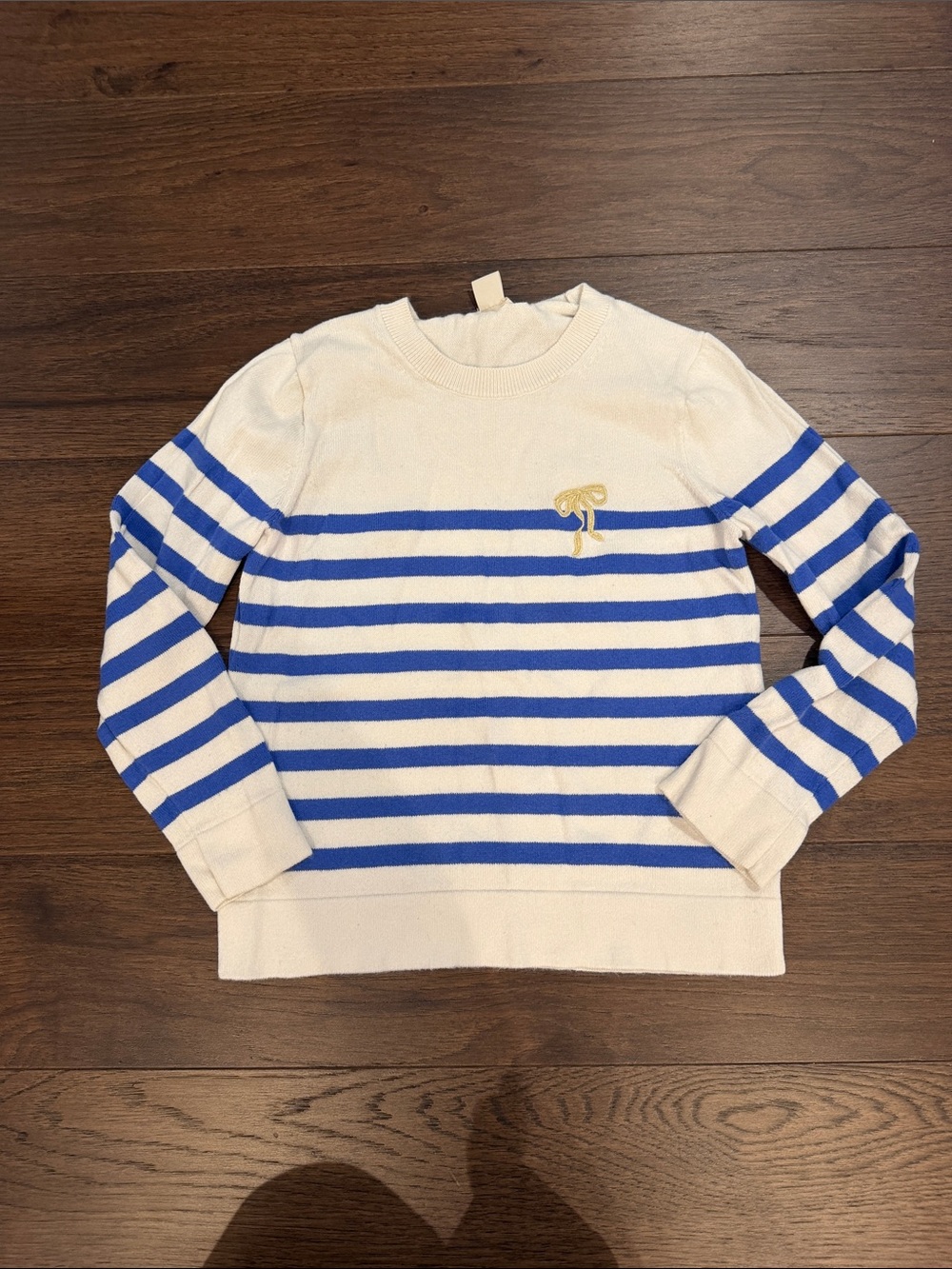 Crewcuts Cream Sweater with Blue Stripes and Gold Bow Size Small 6/7 - C12-056